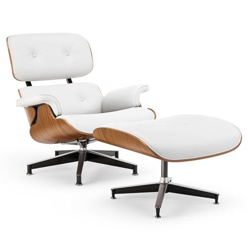 Image of Top White PU Leather, Mid Century Chaise Lounge Chair and Ottoman, Modern Chair Classic Design, Walnut Wood, Heavy Duty Base Support for Living Room Office