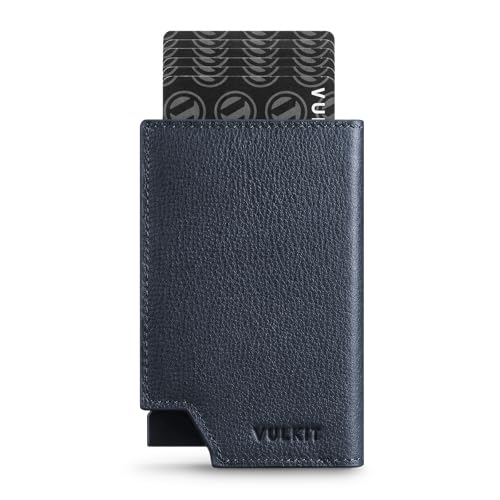 VULKIT Mens Wallet Minimalist Pop Up Card Holder RFID Blocking Magnetic Closure Leather Wallet with ID Window for Cash & Credit Cards Up To 11 Cards Top Grain Leather-Navy Minimalist