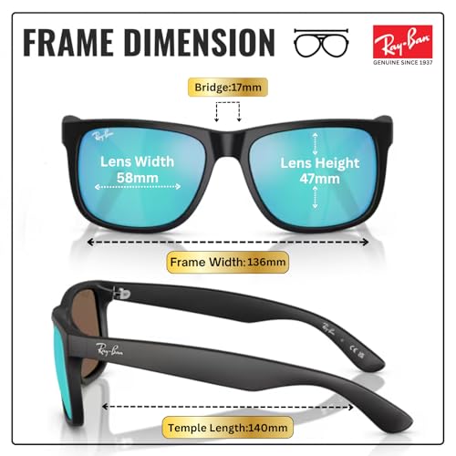 Image of Ray-Ban RB4165F JUSTIN COLOR MIX CLASSIC LOW BRIDGE FIT Square Shape Sunglasses for Men with Official Eyewear Kit