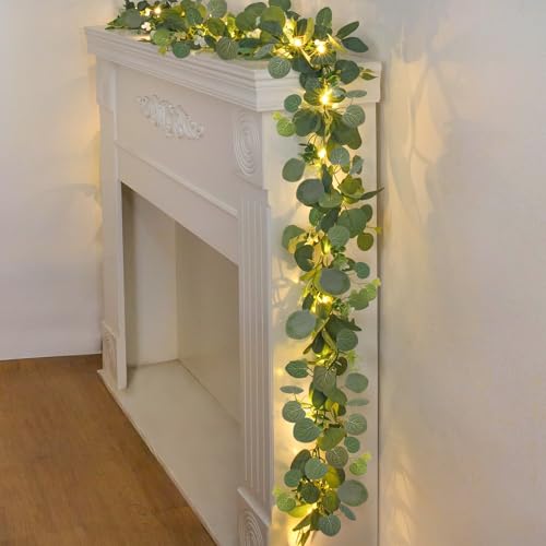 N&T NIETING Artificial Eucalyptus Garland 2Pcs Greenery Vines Garland with LED light and White Flowers 6Ft Fake Hanging Greenery Plant for Wedding Arch Backdrop Table Indoor Outdoor Home Decor