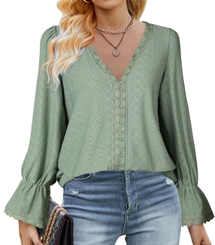 Zetieny Blusa Mujer Camisas Cuello en V Camisetas de Manga Larga Elegante Top T-Shirt Casual de Mujer