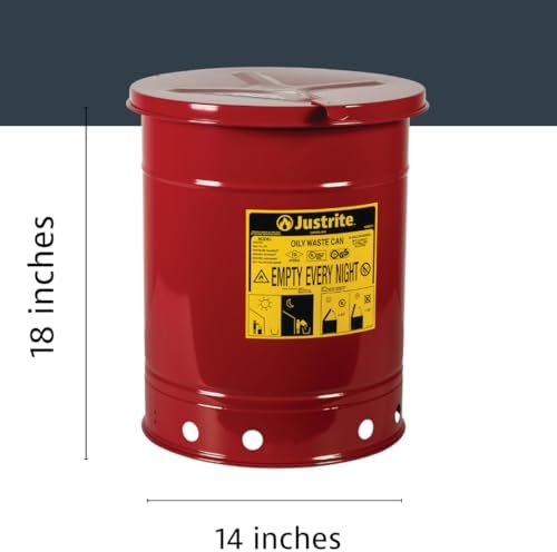 Justrite 38 Litre Steel Oil Container with Hand Operated Lid - Red