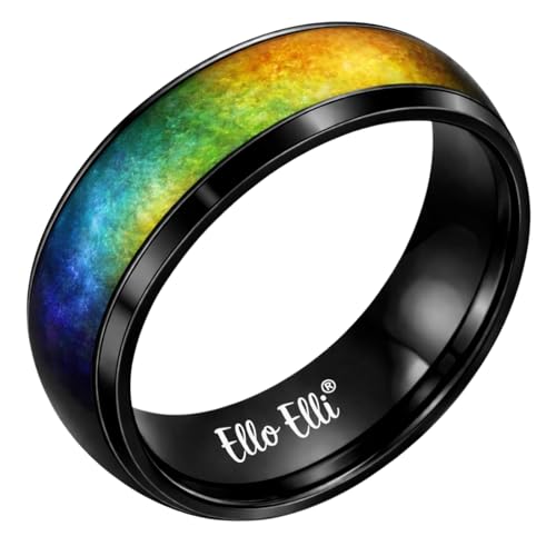 Ello Elli 8mm Color Changing Mood Ring for Men & Women, Stainless Steel Comfort Fit Mood Ring, Silver & Black Band
