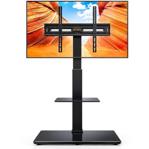 Image of PERLEGEAR TV Floor Stand for 30-75 inch TVs up to 50KG | +5°/-10° Tilt, ±40° Swivel, Tall Floor TV Stand with 80 Degrees, Height Adjustable Shelf holds up 10KG, Max VESA 600x400mm