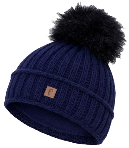 Faera Wintermütze Damen Mütze gefüttert mit Kunstfell Bommelmütze Mädchen Fleecefutter Winter Strickmütze Beanie Herren 34, Farbe:Marineblau