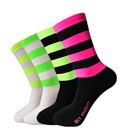 Leo565Tom - Calcetines Deportivos con diseño de Rayas Fluorescentes para Ciclismo, Deporte, Media amortiguación, Calcetines Transpirables para Correr y Correr, All, 4