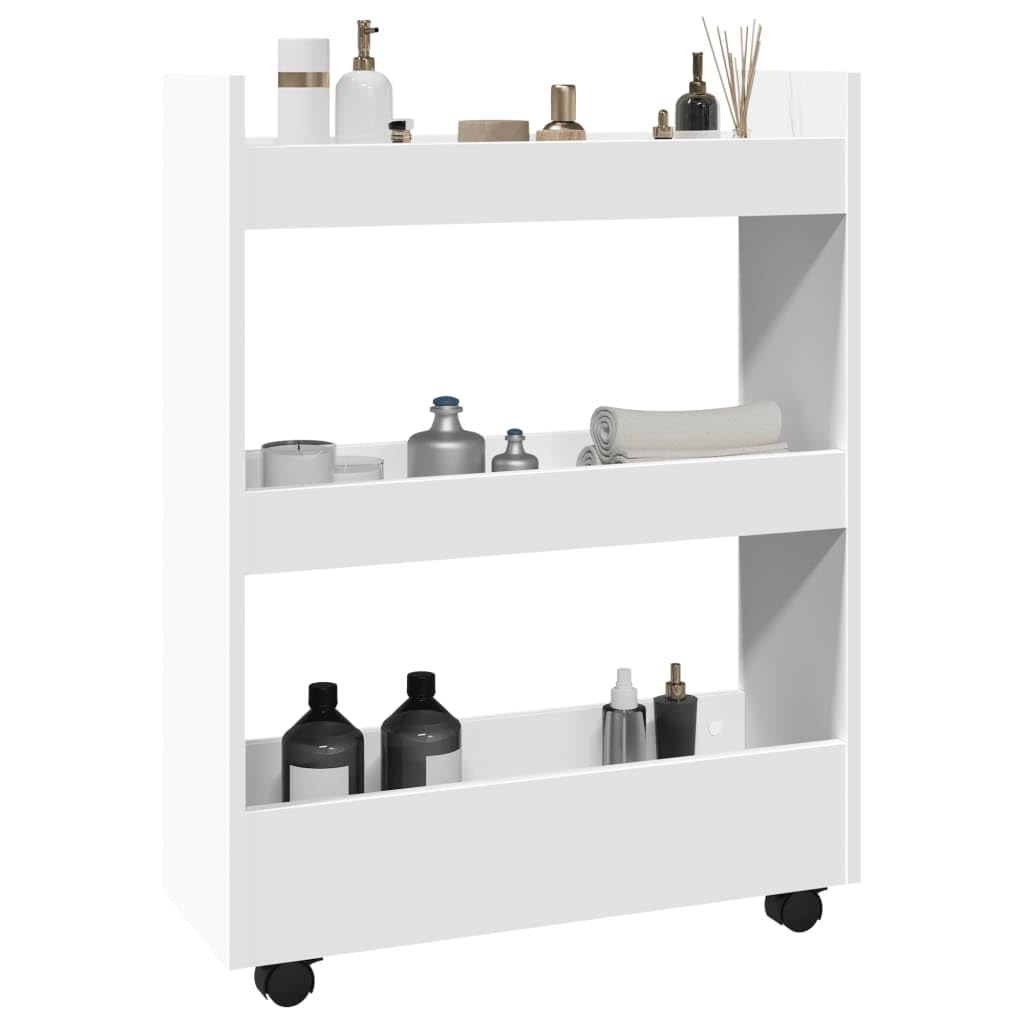 Carro de almacenamiento estrecho con 3 niveles de madera blanca de 60 x 22 x 80 cm, carrito móvil con 4 ruedas, 60 kg, carrito de cocina versátil y carrito auxiliar para almacenamiento