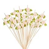 Rose Cocktail Picks - 100 Counts Cute Flower Long Toothpicks for Appetizers, Decorative Bamboo Sticks for Party Wedding, Fancy Mini Skewers for Food Fruit and Drinks (Pink)