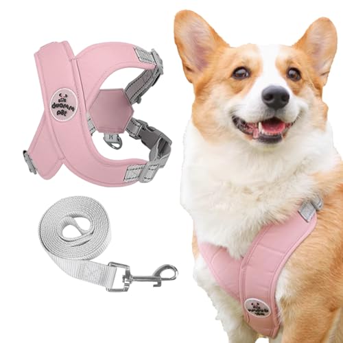 Vxcbad Pettorina per cuccioli con guinzaglio, pettorina di sicurezza per cani, anti-treno, a forma di X, con guinzaglio rosa, riflettente per cani da 5 a 9 kg, 1,5 m