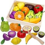Airlab Kinderküche Spielküche Zubehör aus Holz, Küchenspielzeug Schneiden Obst Gemüse Lebensmittel Holz mit Klett-Verbindung für Kinder