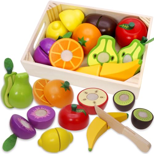 Airlab Kinderküche Spielküche Zubehör aus Holz Küchenspielzeug Schneiden Obst Gemüse Lebensmittel Holz mit Klett-Verbindung für Kinder