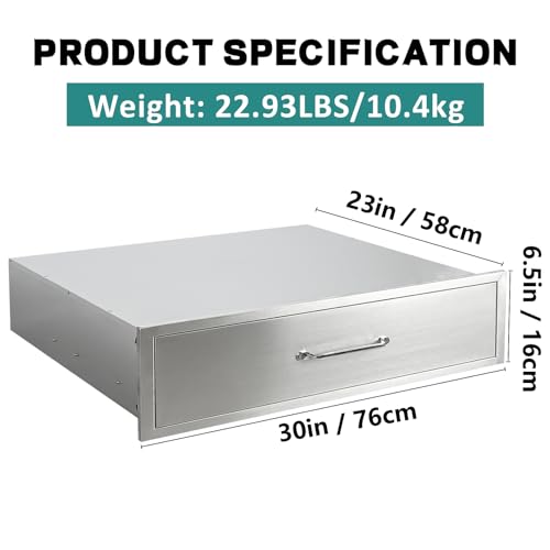 Image of Outdoor Kitchen Drawers 30 inch W x 6.5 inch H x 23 inch D Stainless Steel Drawer BBQ Single Drawers with Chrome Handle for Outdoor Kitchen Island, Patio Grill Station