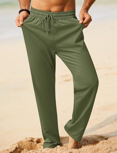 Image of iWoo Linen Pants Men Casual 2025 Summer Beach Elastic Drawstring Waist Yoga Pants Travel Baggy Work Pant Pajama