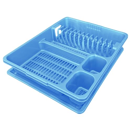STL Plastic Dish Rack with Drip Tray - 13 Plate Capacity - 5 Color Options - Food-Grade BPA-Free - Kitchen Organizer (Blue)
