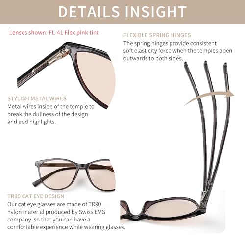 Image of Indoor FL-Flex Fluorescent-41 Light Pink Tinted Blue Light Blocking Glasses Cat Eye Migraine Light Sensitivity Glasses Photophobia Fluorescent LED Glare Women AB3311(Grey Frame Light Rose Lens)