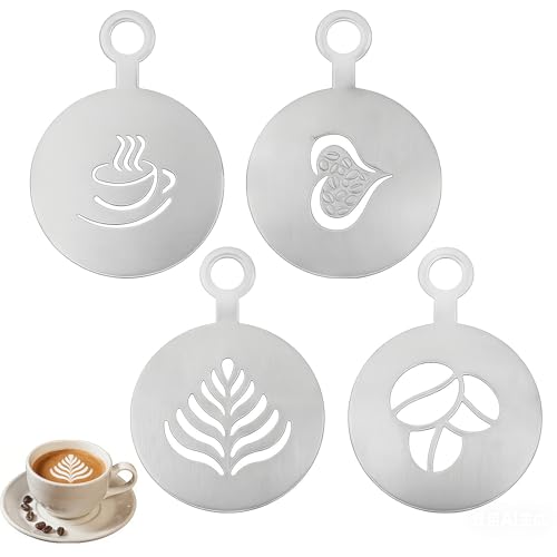 4Pcs Coffee Stencils - Stainless Steel Mesh Templates for Decorating Cappuccino and Latte with Icing Sugar Shakers