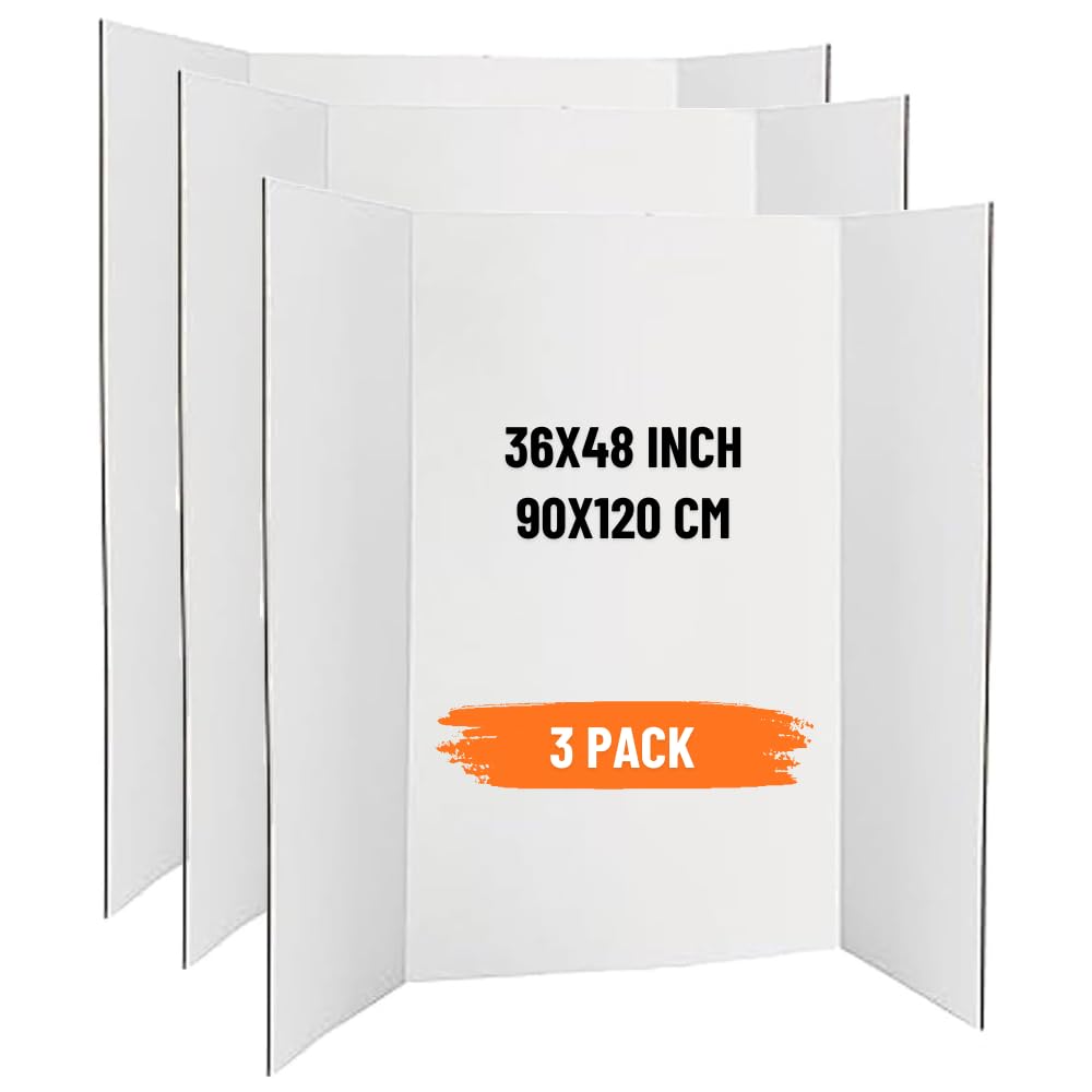 TOPSTAR (3 Pcs) Tri-Fold Presentation Board | 48x36 inches (120x90 cm) | 3 Ply Corrugated Cardboard with Inside White Surface | Lightweight Portable Poster Board | School/Office Projects | Exhibitions