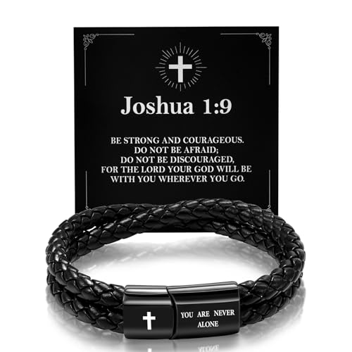 Leather Cross Bracelet for Men Christian Bible Verse Black Stainless Steel Bracelet, Inspirational Birthday Christian Graduation Gifts Ideas for Soulmate Boyfriend Man Dad Husband Grandson Son