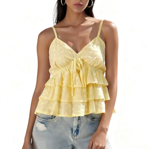 Women Floral Babydoll Tank Top Teen Girl Fairy Ruffle Cami Spaghetti Strap V Neck Boho Crop Top(Yellow,L)