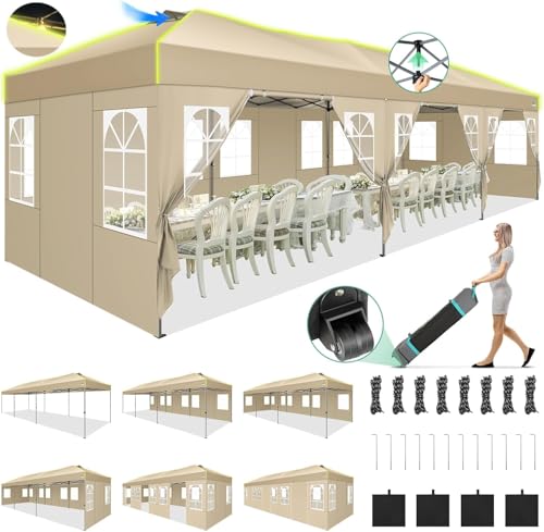 Image of COBIZI 10x30 Pop Up Canopy Tent, Wedding Party Tent with 8 Sidewall One Push Setup Glow, 3 Adjustable Height Air Vent Waterproof UPF50+, Wheeled Bag, 4 Sandbag, 8 Stake, Ropes for Commercial, Outdoor