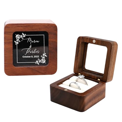 EIFLR Personalized Wooden Ring Box Wedding Day 2 and 3 Slots Custom Square Ring Boxes Ring Holder for Wedding Ceremony with Name & Date Engraved