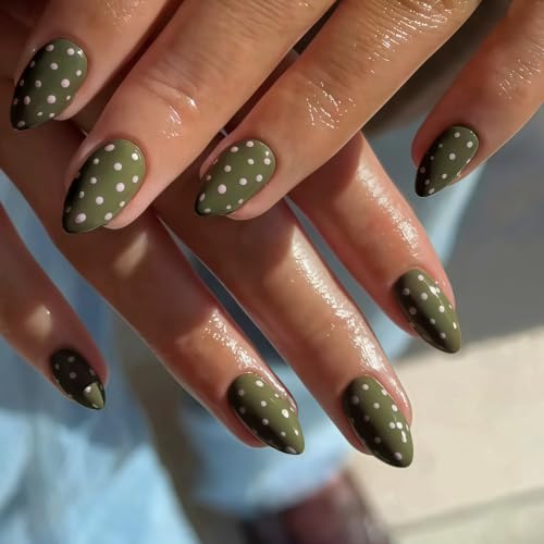 SXVME Light Green Press On Nails Almond, Polka Dot Press On Nails Short Stiletto, Fake Nails with Designs, Cute White Polka Dot Nail Press ons, Reusable Glue On Nails for Summer Manicure, 30 Pcs