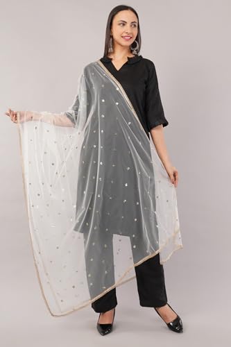 Image of Net Butti Dupatta for Women | Golden Lace Border Chunni | Butti Work Odhani | Wedding & Bridal Styling | Lightweight Drape | Kurti & Salwar Suit