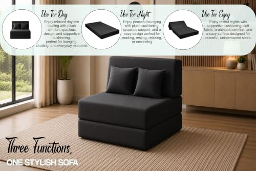 Image of Sofa Cum Bed with Jute Fabric, Convertible One Seater Sofa Bed 3x6 Ft, Comfortable Cushioned Seating, Space Saving Design for Living Room, Bedroom & Guest Room - Black Color