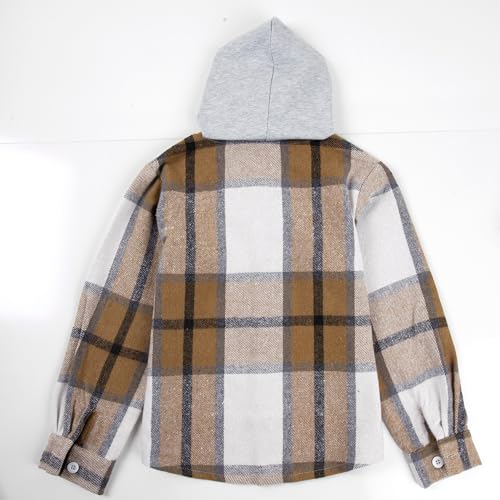 Image of Boys Girls Flannel Shirts Plaid Hoodies Fall Fashion Button Down Shirts | Long Sleeve Shirts Hooded Lightweight Jacket, Perfect for School Mornings, Leaf Piles,Camping, Bonfires, Weekend Adventures