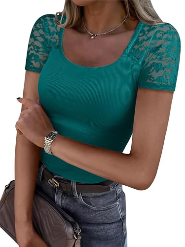ANRABESS Womens Short Sleeve Shirts Scoop Neck Lace Going Out Tops Slim Fit Rib Knit Casual Tee 2026 Summer Fashion Outfits Large Teal