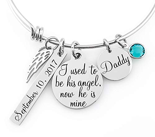 Memorial Bracelet – “I Used to Be His Angel, Now He Is Mine” – Personalized Sympathy Jewelry with Angel Wing, Name Disc, Date Bar & Birthstone – Grief Gift for Loss of Dad, Husband, Child