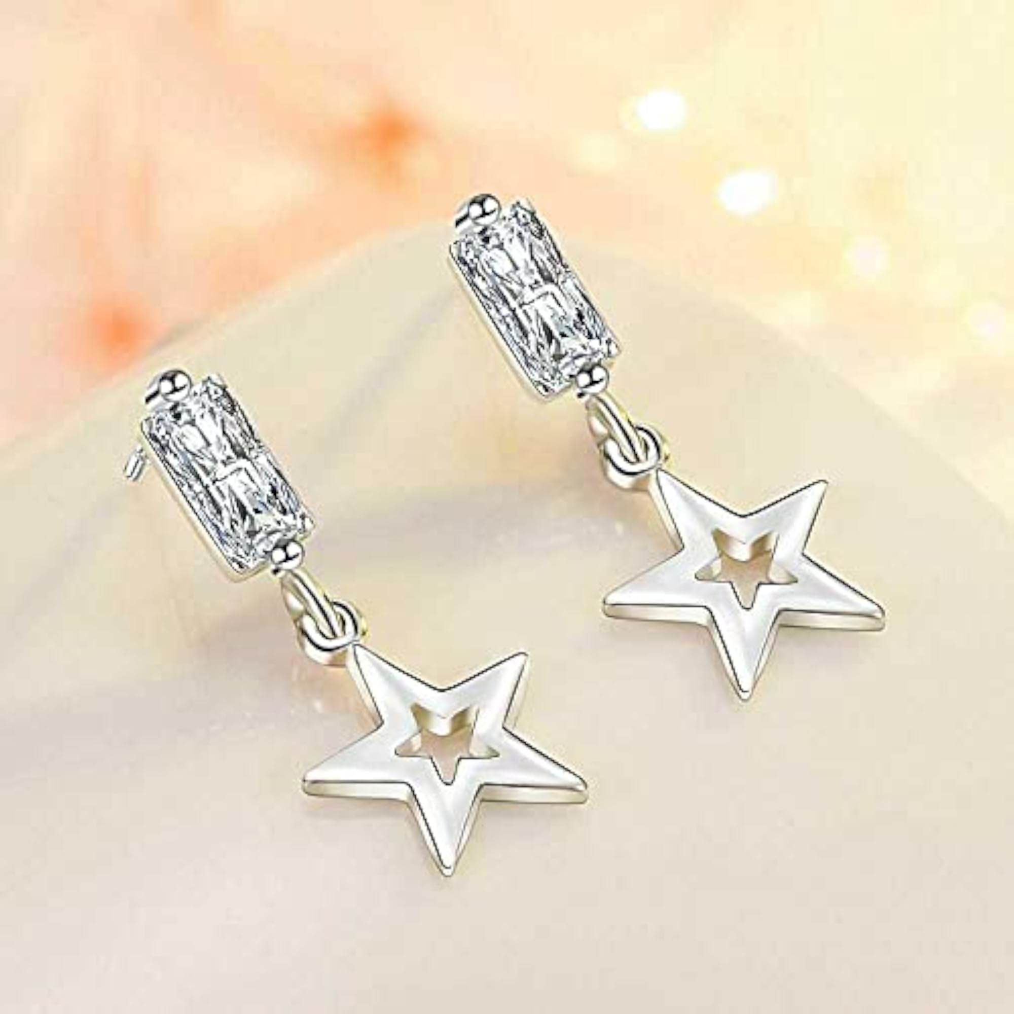 CZ Star Drop Earrings, Dangle Earrings with Embellished Zirconia