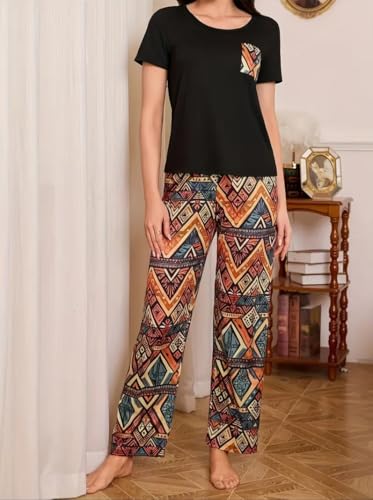 Image of Celary Women's Cotton Blend Printed Night Suit Set||Soft & Breathable Short Sleeve Top & Ethnic Print Pyjama Set||Also Available in Plus Size||Korean Night Suit||Comfortable Home Wear & Sleepwear