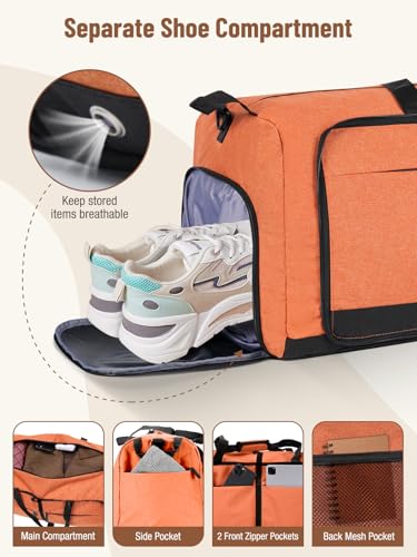 Image of Lekesky Foldable Travel Duffel Bag for Women, 80L Large Duffle Bag with Separate Shoes Compartments & Straps, Carry On Weekend Bag for Women, Hospital, Overnight(Orange)