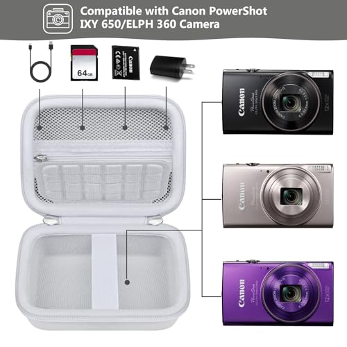 Image of Camera Case for Canon PowerShot ELPH 360 HS A, IXY 650 /ELPH 360 Camera Protective Case Storage Holder Travel Bag with Wrist Strap, Mesh Pocket for Battery Pack, USB Cable, White