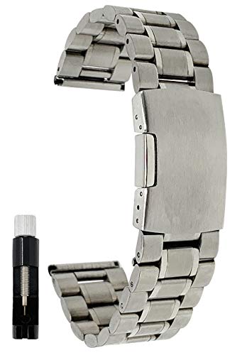 Bandini 20mm Silver Tone Stainless Steel Watch Band for Men - Metal Replacement Watch Strap - Adjustable Length - Push Button Deployment Clasp - Link Removal Tool Included