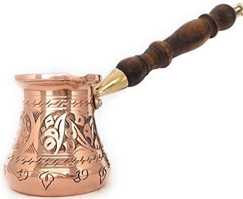 Pc Series (Small- 6 Fl Oz) - Thickest Solid Copper Engraved Turkish Greek Arabic Coffee Pot Wooden Handle Heavy Duty, Stovetop Coffee Maker, Jazzve, Cezve, Ibrik With Hammered Base