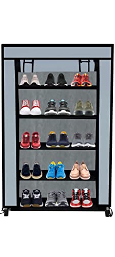 Image of Multi Utility 5 Layer Shelf Collapsible Metal Pipes with Non-Woven 100GSM Fabric Cover for Shoe /Cloth /Toy /Books Rack (Grey, Metal)