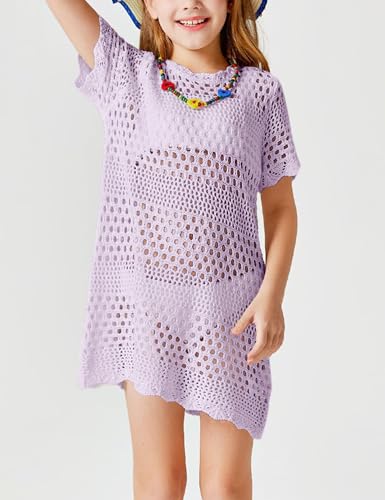 Image of Amarmia Girls Swim Cover Up Crochet Bathing Suit Cover Ups Short Sleeve Summer Beach Dress