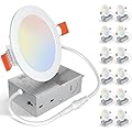 UVFD 12 Pack 4 Inch 5CCT Ultra-Thin LED Recessed Ceiling Light with Junction Box,2700K/3000K/3500K/4000K/5000K Selectable,Dimmable Canless Wafer Downlight, 9W, ETL&FCC
