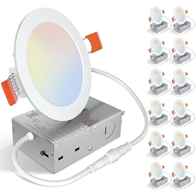 UVFD 12 Pack 4 Inch 5CCT Ultra-Thin LED Recessed Ceiling Light with Junction Box,2700K/3000K/3500K/4000K/5000K Selectable,Dimmable Canless Wafer Downlight, 9W, ETL&FCC