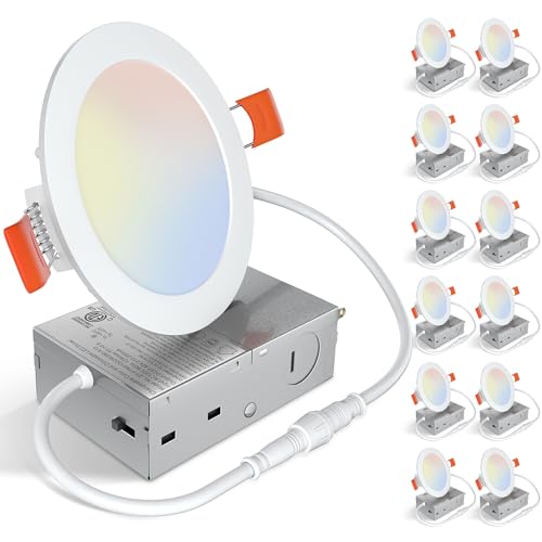 UVFD 12 Pack 4 Inch 5CCT Ultra-Thin LED Recessed Ceiling Light with Junction Box,2700K/3000K/3500K/4000K/5000K Selectable,Dimmable Canless Wafer Downlight, 9W, ETL&FCC