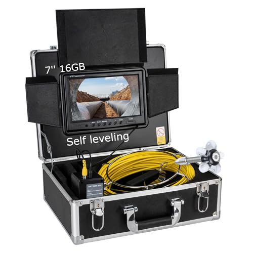 Caméra d'égout auto-nivelante de 30 m, 17,8 cm HD 16 Go JQKJCAM Drain Scope Pipe Snake Camera étanche avec compteur de lumière 12 mètres, caméras d'inspection de ligne d'égout de 23 mm, 15,2 m pour