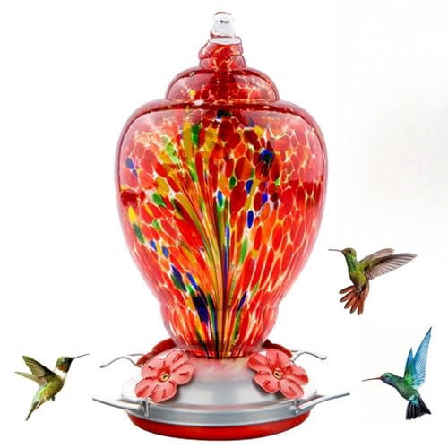 REZIPO Hummingbird Feeder Hand Blown Glass Bird Feeder for Outdoors Patio Large 32 Ounces Hummingbird Nectar Capacity with Hanging Hooks, Rope, Brush and Service Card