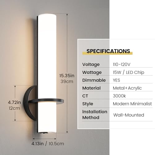 Image of AIJIASI Wall Sconce Light - 15 inch Modern Black Bathroom Light Fixtures Wall Sconces Set of Two Dimmable LED Sconce Lighting, 15W 3000K Wall Light with Acrylic Shade for Bedroom Stairway Living Room