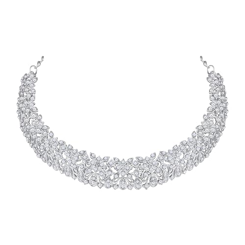 Image of Atasi International Silver Plated White Crystals American Diamonds Stylish Necklace Set with Earrings and Maang Tikka for Women and Girls | Stylish Jewellery for Party, Wedding and Festive Occasions (R6159)