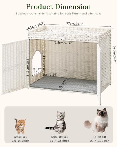 Image of SETVSON Cat Litter Box Enclosure Furniture, Handwoven Rattan Hidden Litter Box with Mat, Large Space Cat House with 2 S-Shaped Hooks 30.3 x 18.3 x 24.4 Inches, Indoor for Living Room Apartment White