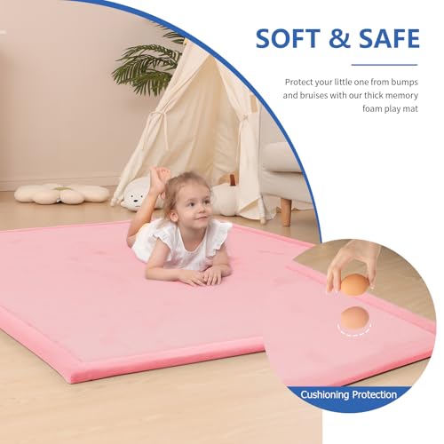Image of Baby Play Mat for Floor,1.3 inch Thick Memory Foam Tummy Time Mat for Toddlers,Infants,Kids,Water-Repellent Soft Nursery Rug,Extra Large Non Slip for Crawling&Yoga,Tatami Style for Living Room(Pink)