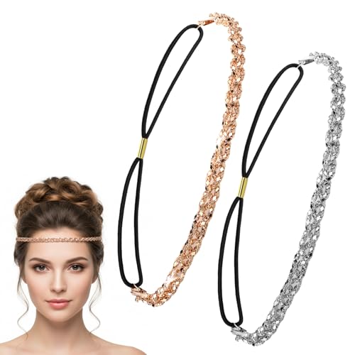 Tweruna 2 PCS Elastic Sparkly Headpiece for Women, Metal Rhinestone