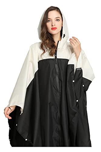 Womens Rain Poncho Stylish Polyester Waterproof Raincoat Free Size with Hood Zipper Various Colors Styles, Black White